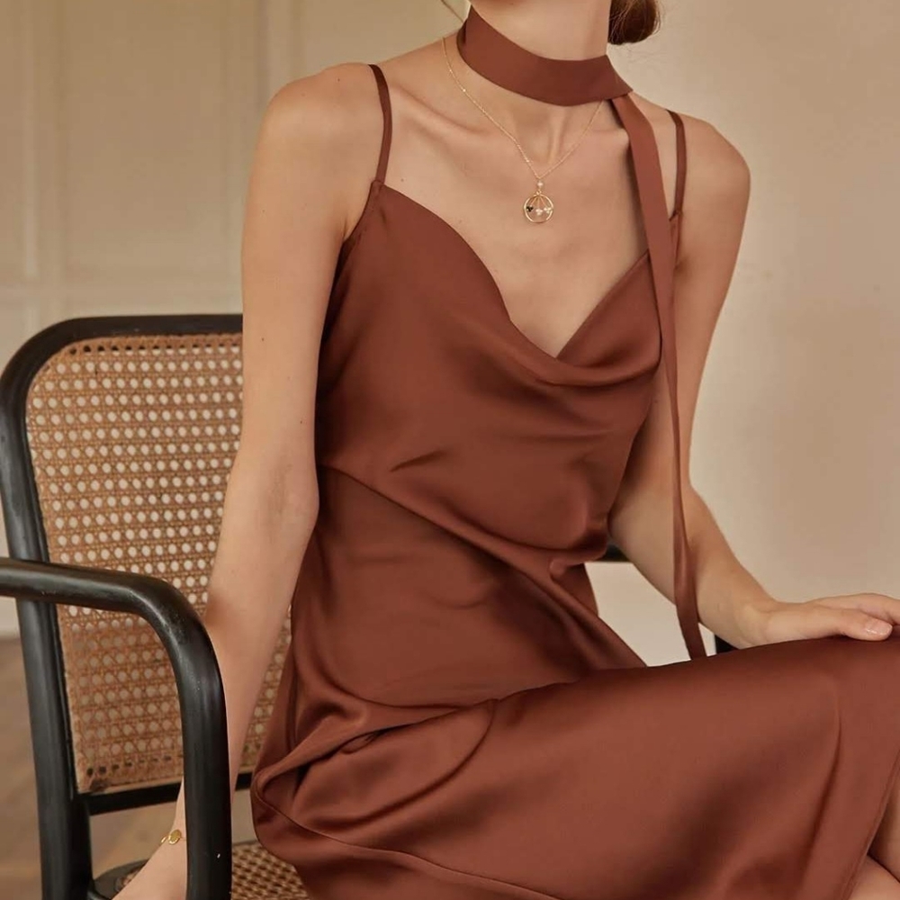 NWT - Simple Retro Satin Slip Dress in Brown and size XS.